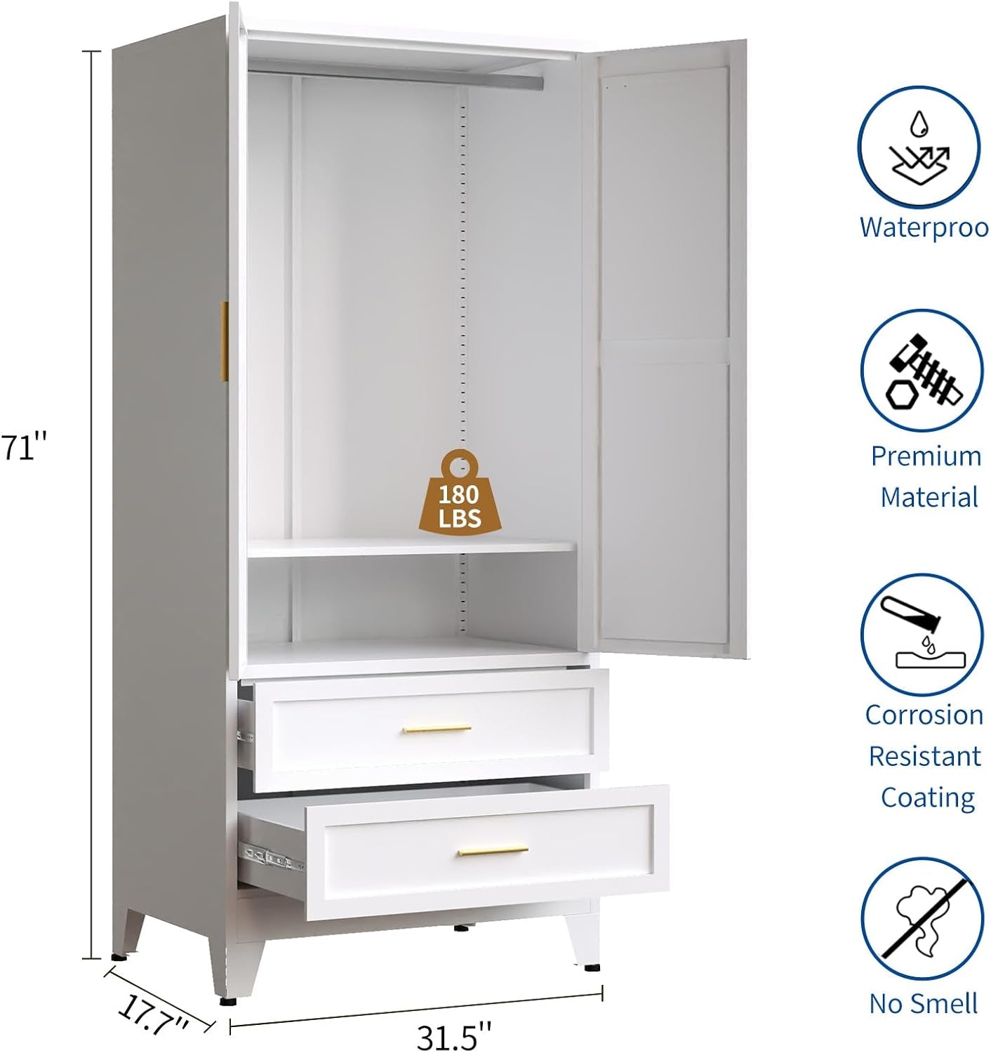 Steel Armoire Wardrobe Closet, 71" Metal Clothing Storage Cabinets with 2 Doors, 2 Drawers and 1 Adjustable Shelf, White Wardrobe Cabinet with Hanging Rod for Bedroom