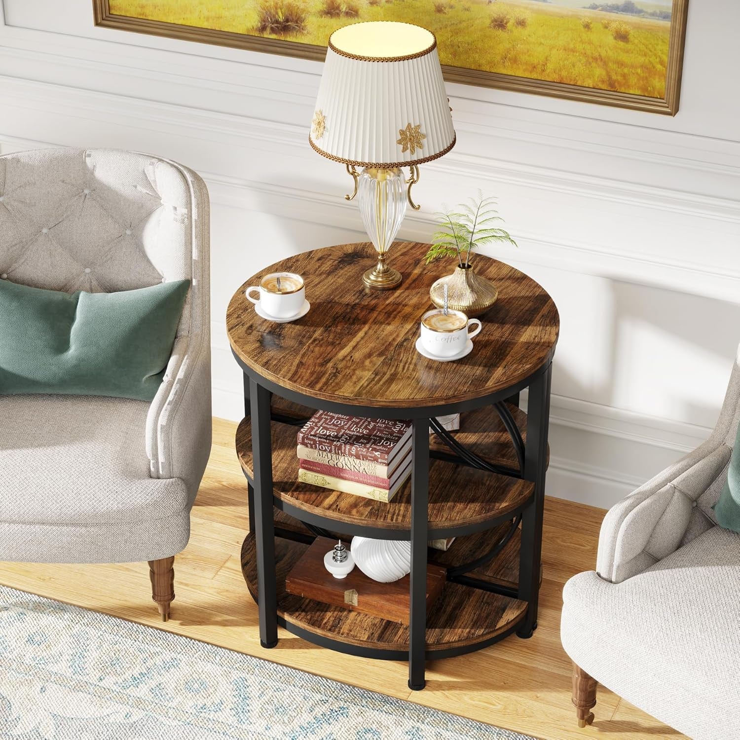 Half round End Table for Living Room, 3-Tier Half Side Table with Metal Frame, Industrial Half Moon Table with Storage Shelves, Half Circle Accent Table for Entryway, Bedroom, Rustic Brown