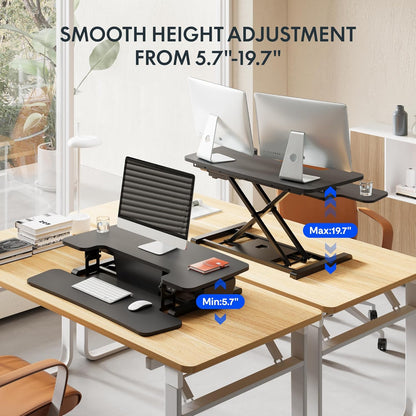 35 Inch Electric Standing Desk Converter, Motorized Stand up Desk Riser, Monitor and Laptop Workstation with Wide Keyboard Tray, Black
