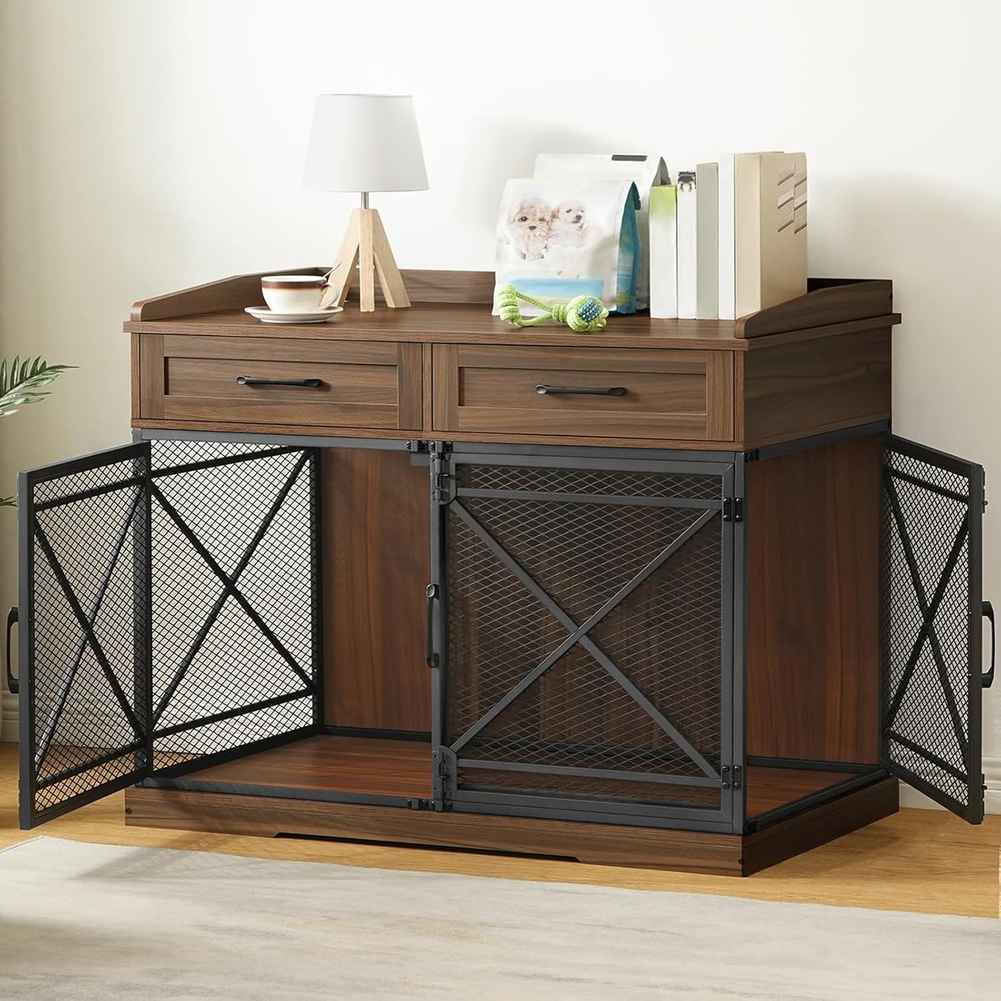 43.3” Dog Crate Furniture, XL Heavy Duty Dog Kennel with Drawers, Wooden Crate Indoor Side End Table for Medium to Large Dogs, Triple Door Design, Walnut and Black