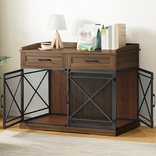 43.3” Dog Crate Furniture, XL Heavy Duty Dog Kennel with Drawers, Wooden Crate Indoor Side End Table for Medium to Large Dogs, Triple Door Design, Walnut and Black