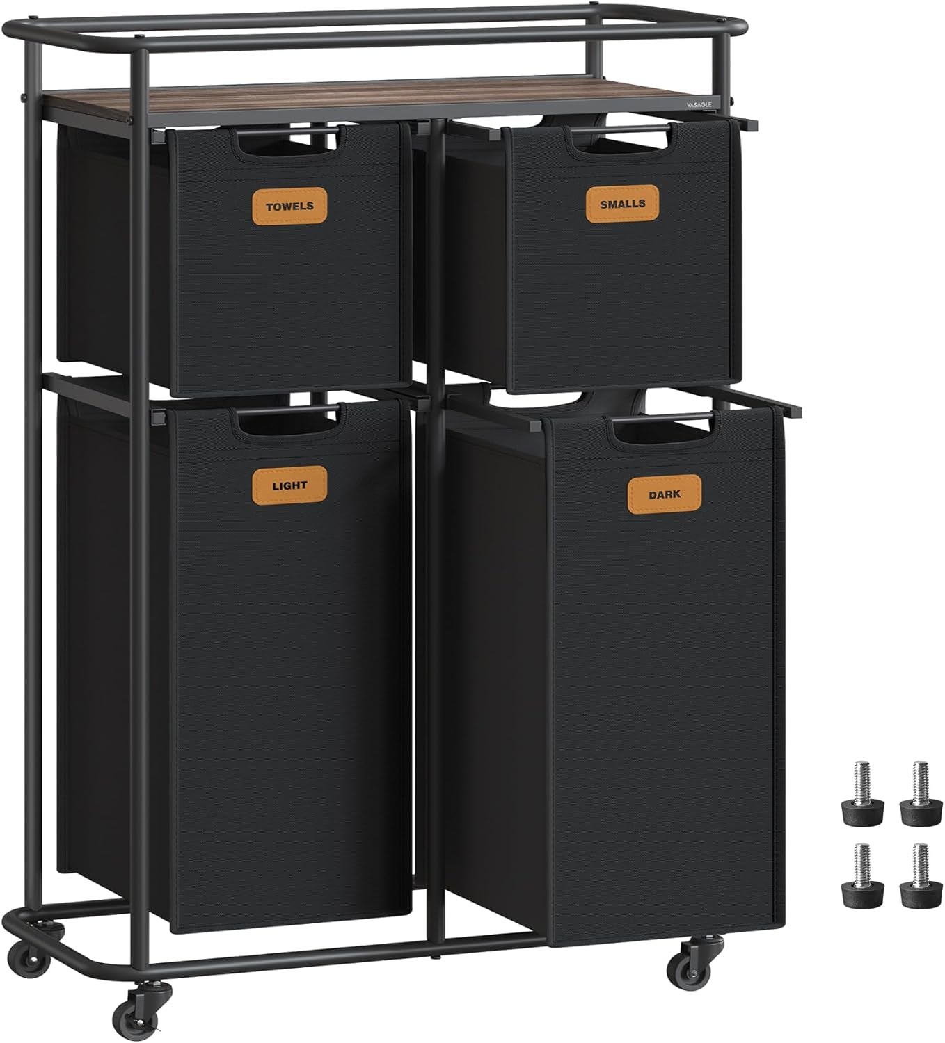 Laundry Sorter, Laundry Hamper with Wheels, 39.6 Gal. (150 L) Portable Rolling Cart Baskets with Shelf, 4 Removable Liners and 6 Labels, Ink Black and Chestnut Brown URLS100B01