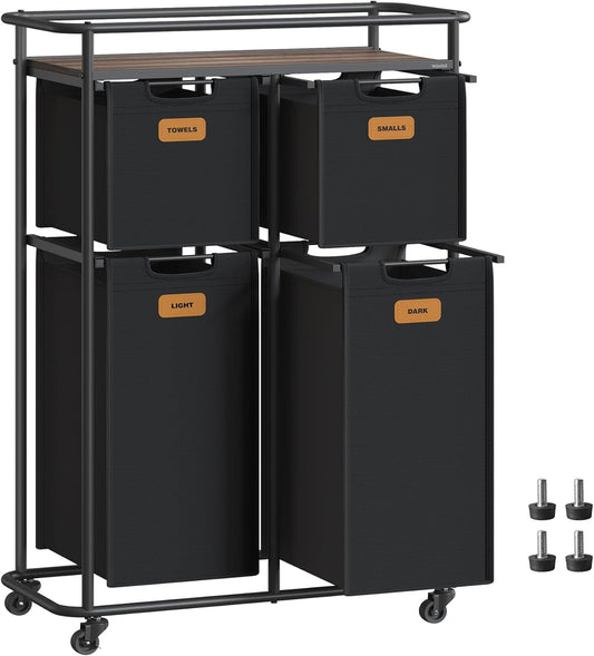 Laundry Sorter, Laundry Hamper with Wheels, 39.6 Gal. (150 L) Portable Rolling Cart Baskets with Shelf, 4 Removable Liners and 6 Labels, Ink Black and Chestnut Brown URLS100B01