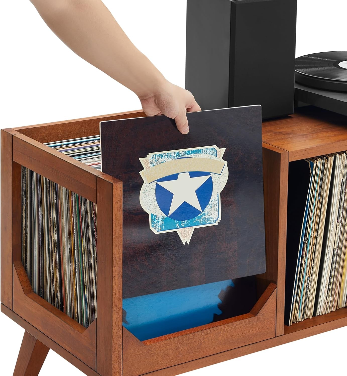 Asheville Mid-Century Modern Media Console Record Player Stand, Storage for Vinyl Records, Walnut