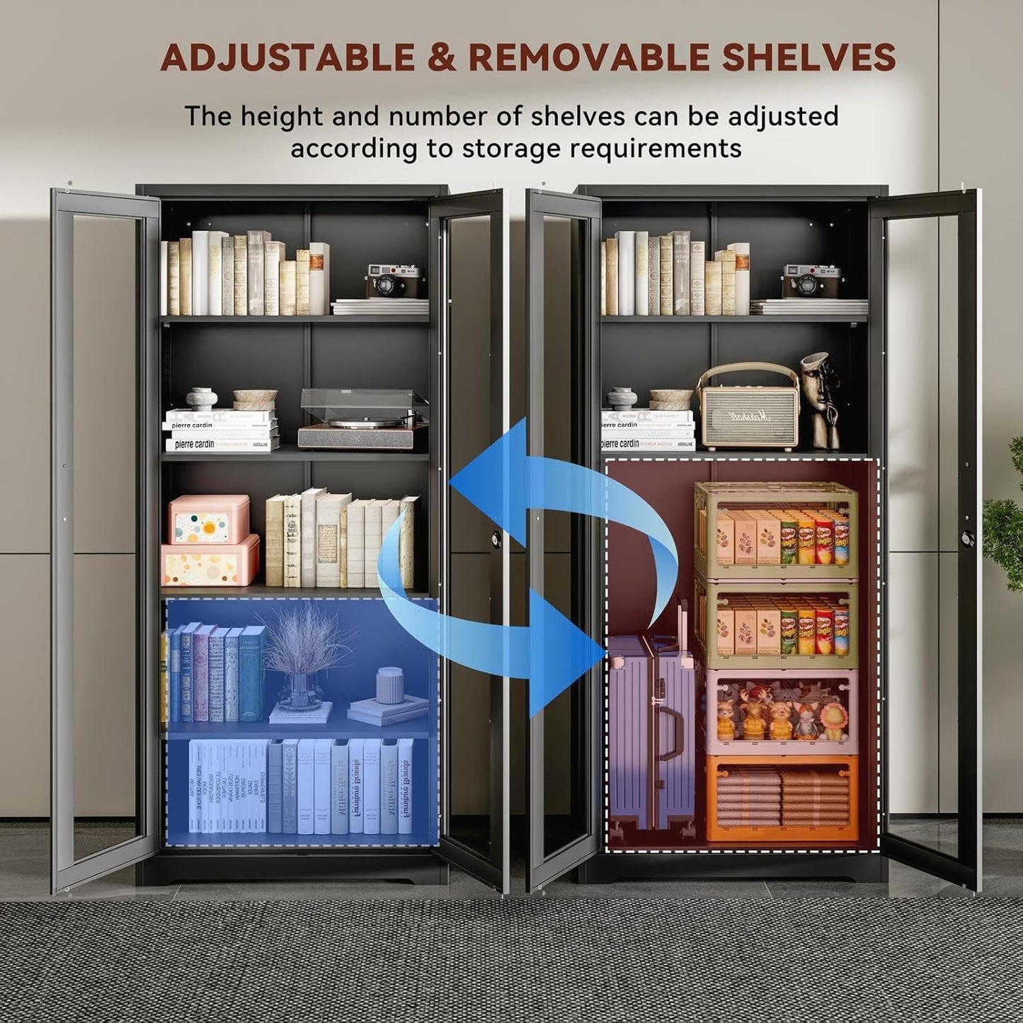 71" Metal Display Cabinet with Glass Doors, Locking Curio Cabinets with 4 Adjustable Shelves, Glass Display Case for Collectibles, Metal Storage Cabinet