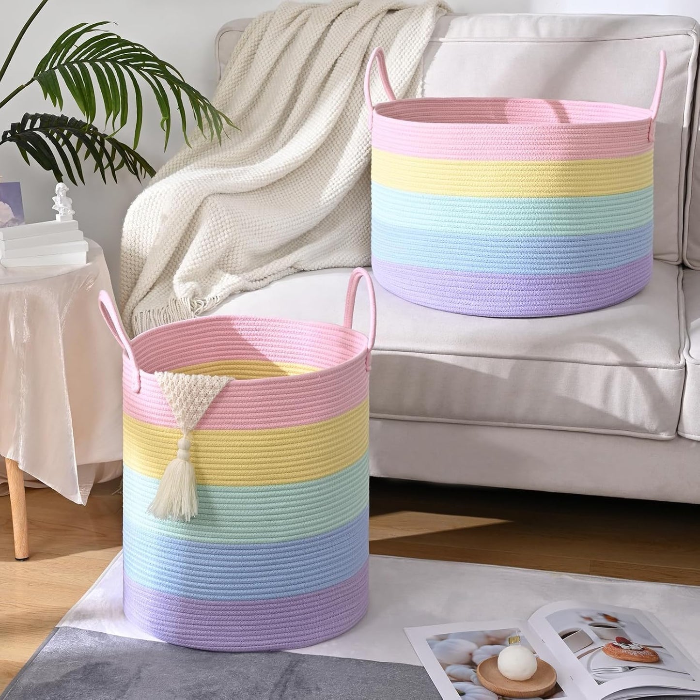 Rainbow Toy Basket, 20"X13" Extra Large Kids Toy Storage for Playroom Classroom Nursery, Woven Rope Blanket Basket with Handles, Stuffed Animal Organizer & Dog Toys Basket