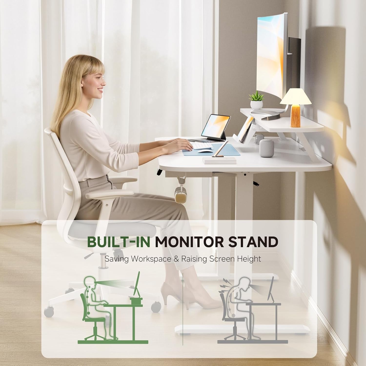 Electric Standing Desk with Drawers, 48 X 24 Inches Height Adjustable Computer Desk with Monitor Stand, Laptop Stand, Sit Stand up Desk with Memory Preset for Home, Office, White