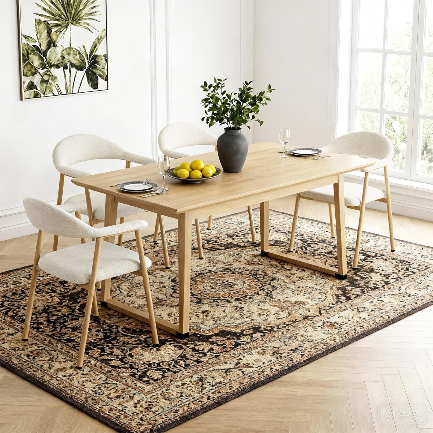 Dining Chairs Set of 2, Linen Fabric Upholstered Kitchen Side Chairs with Curved Backrest & Metal Legs, Modern Farmhouse Accent Chairs for Dining Room Kitchen Living Room Cafe, Beige