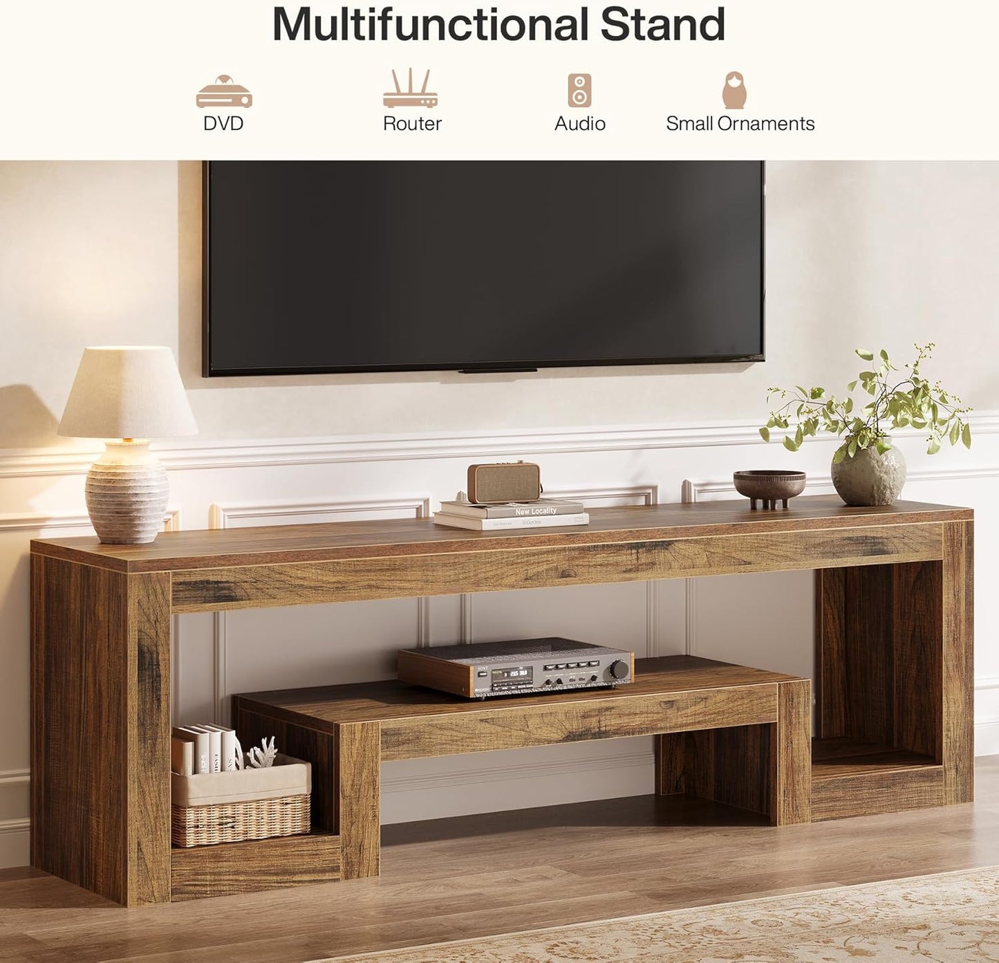 63-Inch TV Stand for 55/60/65/75-Inch Tvs, Farmhouse Entertainment Center with Open Storage Shelves, Rustic Brown Television Console for Living Room, Bedroom