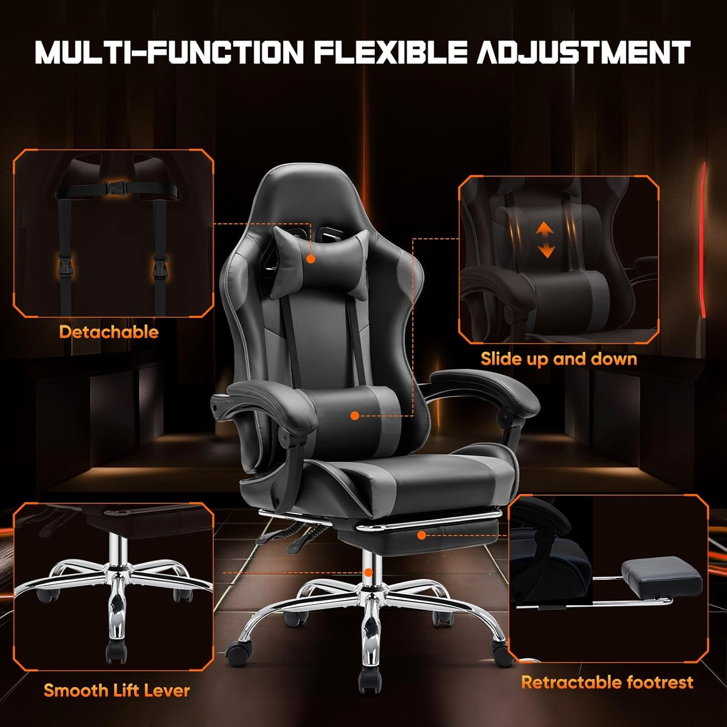 Video Game Desk Chair - Ergonomic Computer with Footrest and Comfy Lumbar Support, PU Leather Recliner with Headrest, Fixed up Armrest, Height Adjustable with 360° Swivel, for Adults, Grey