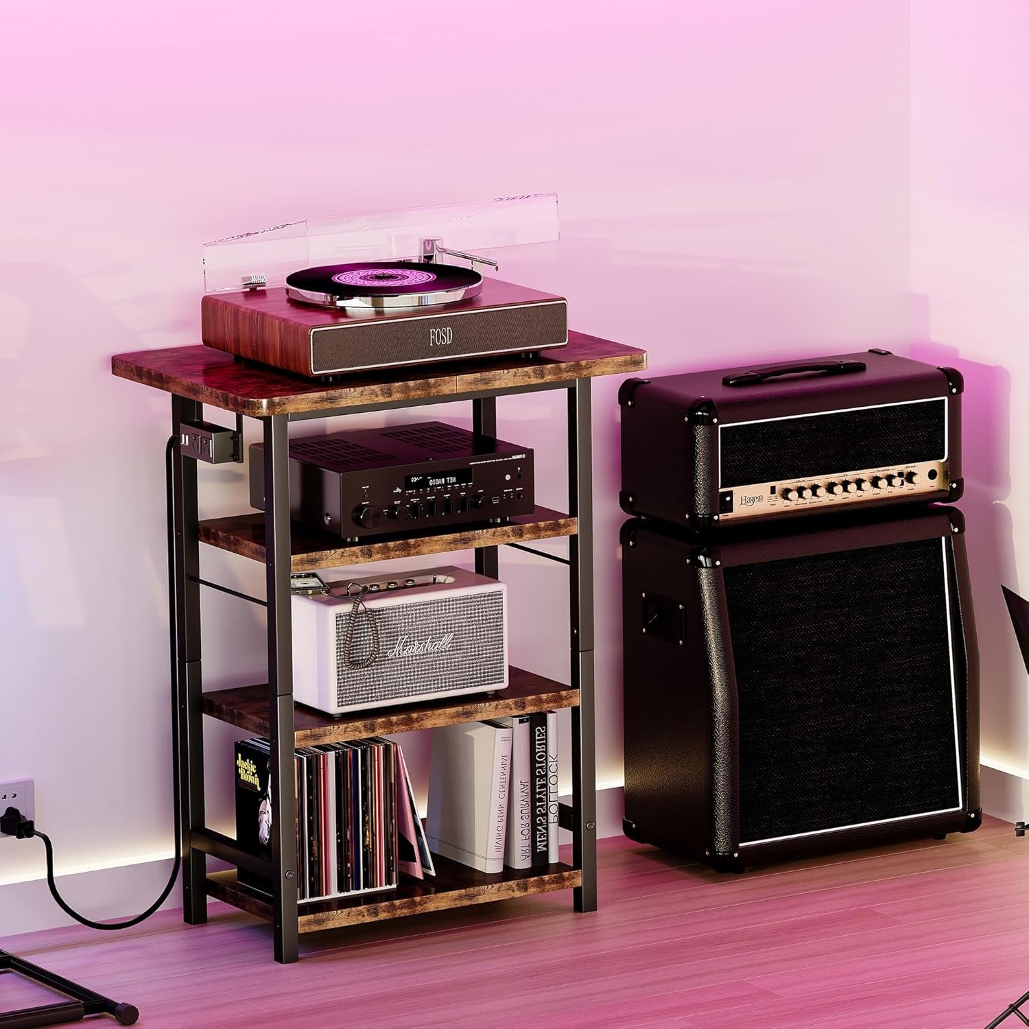 4-Tier AV Media Stand with Power Outlet, Wooden Record Player Stand, Entertainment Center with Storage Shelves, Stereo Stand DVD Stand for Bedroom, Living Room, Brown