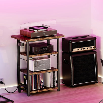 4-Tier AV Media Stand with Power Outlet, Wooden Record Player Stand, Entertainment Center with Storage Shelves, Stereo Stand DVD Stand for Bedroom, Living Room, Brown