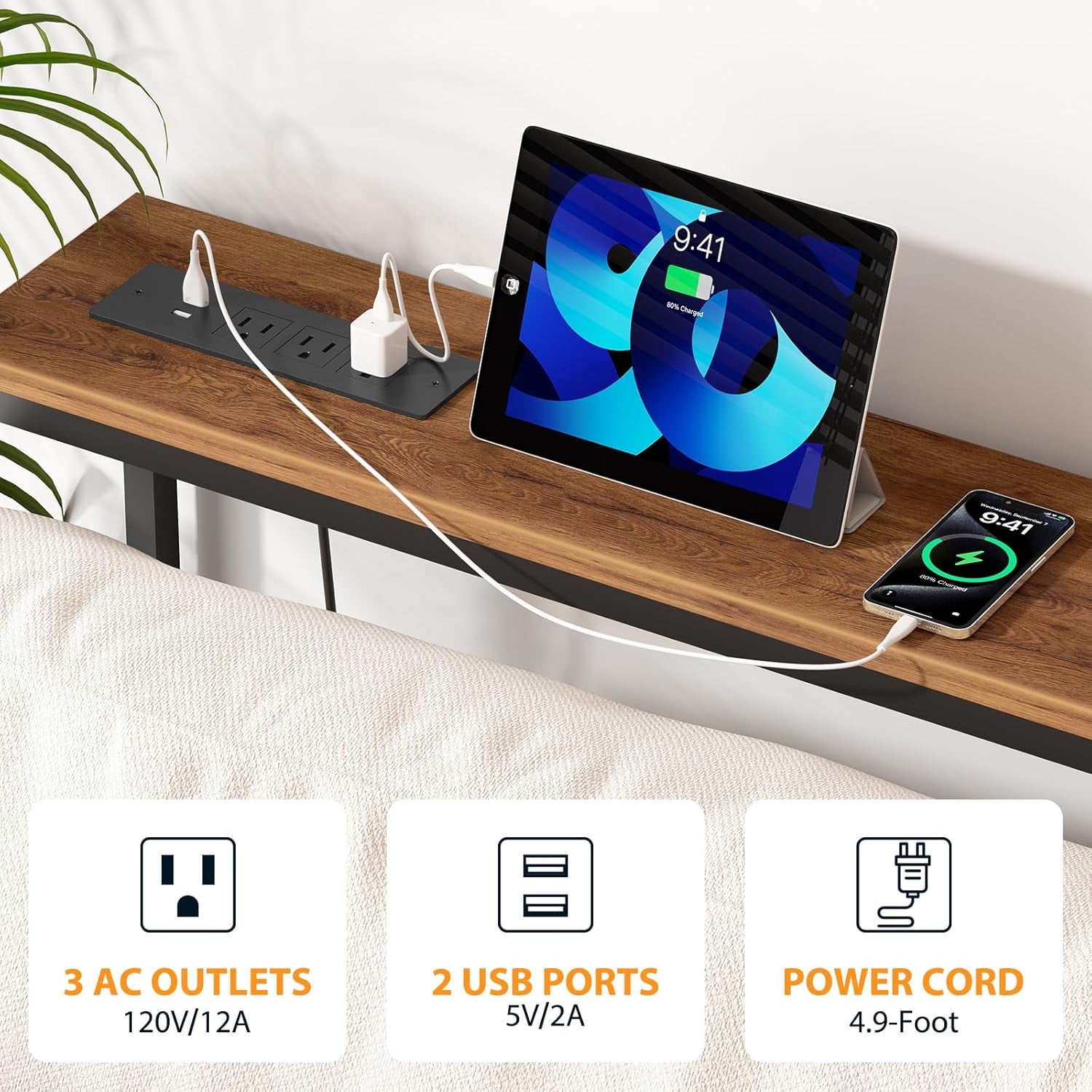 80.7'' Narrow Sofa Table with 2 Power Outlets (6 AC Outlets & 4 USB Ports), Thin Console Tables Narrow Long, behind Couch Table Skinny for Entryway, Living Room, Hallway, Foyer, Rustic Brown