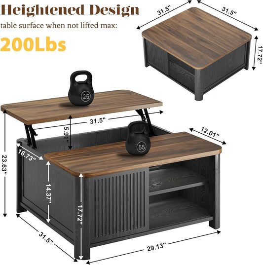 Lift Top Coffee Table with Storage, 31.5" Mid Century Modern Square Coffee Tables for Living Room, Large Hidden Storage Compartment, Adjustable Shelves & Sliding Door, Black
