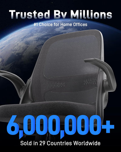 Ergonomic Mesh Office Chair for Home Office, Flip-Up Arms, Breathable Mesh Back & Thick Seat Cushion, Swivel Rolling Computer Desk Chair, BIFMA Certified, Supports 300 Lbs (Black Frame/Black Seat)