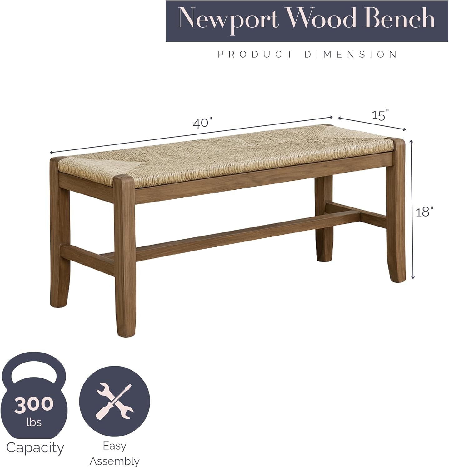 Newport 40" Wood Bench with Rush Seat