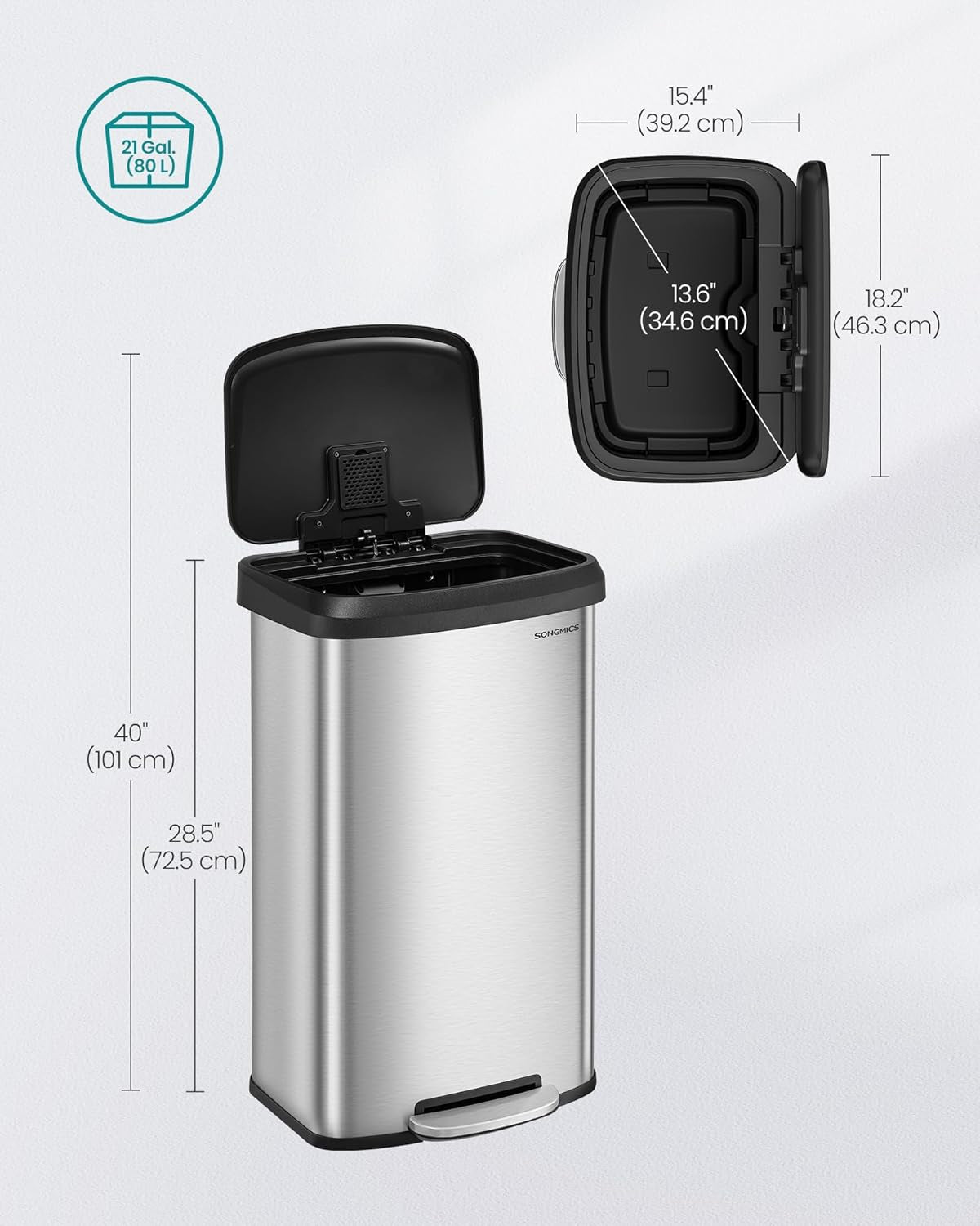 Kitchen Trash Can, 21 Gallon (80 L) Stainless Steel Garbage Can, with Stay-Open Lid and Step-On Pedal, Soft Closure, Tall, Large and Space-Saving, Silver and Black ULTB534E01