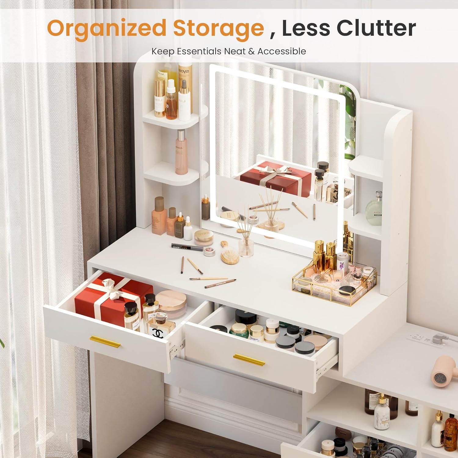 Vanity Desk with Mirror and Lights, 13 Storage Makeup Vanity with 4 Drawers and 8 Shelves, 62" Large Dresser Dressing Table with Power Outlet, 3 Lighting Modes, Silent Slides, White