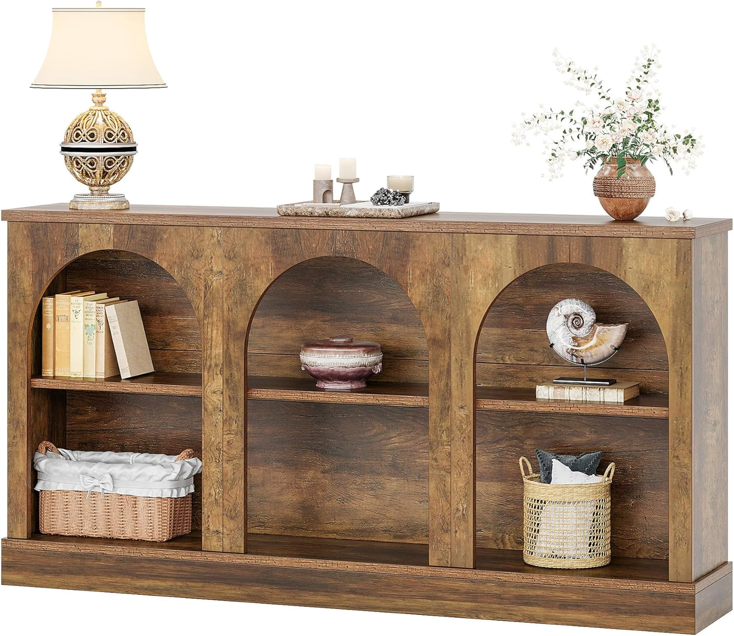 Farmhouse Console Table, 63-Inch Long Entryway Table with 3 Tier Storage, Wooden Rectangular Sofa Table behind the Couch for Entrance, Hallway, Living Room, Brown