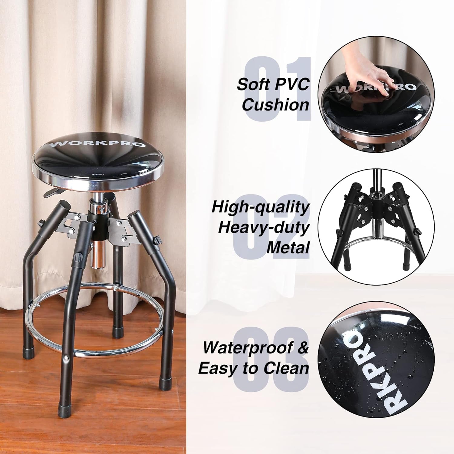 Heavy Duty Adjustable Hydraulic Shop Stool,Garage Bar Stool, 29In to 33.86In, 330-Pound Capacity, Black