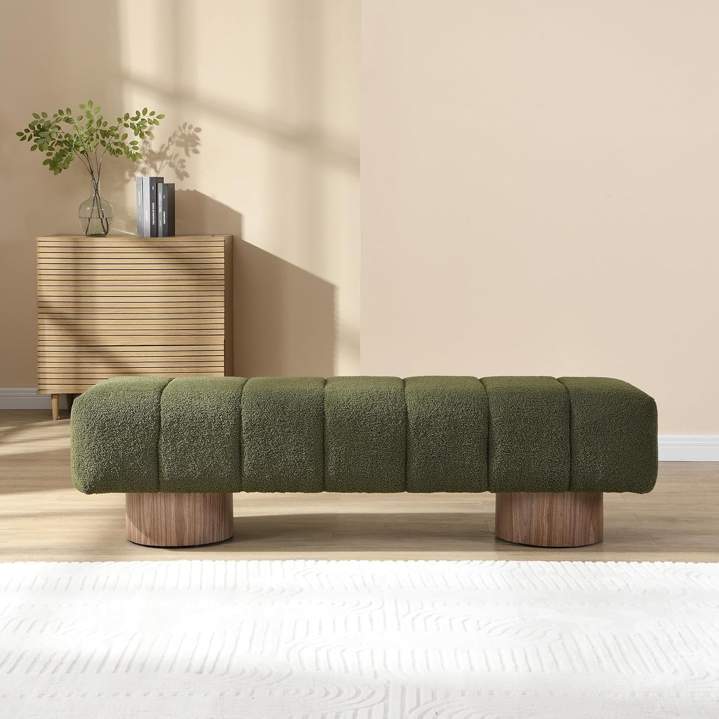 Upholstered Dining Bench, End of Bed Entryway Bench Ottoman for Bedroom Living Room, Dining Room, Green Boucle Fabric Stool Top Wood Leg, 300 LBS Weight Capacity, No-Assembly, Green