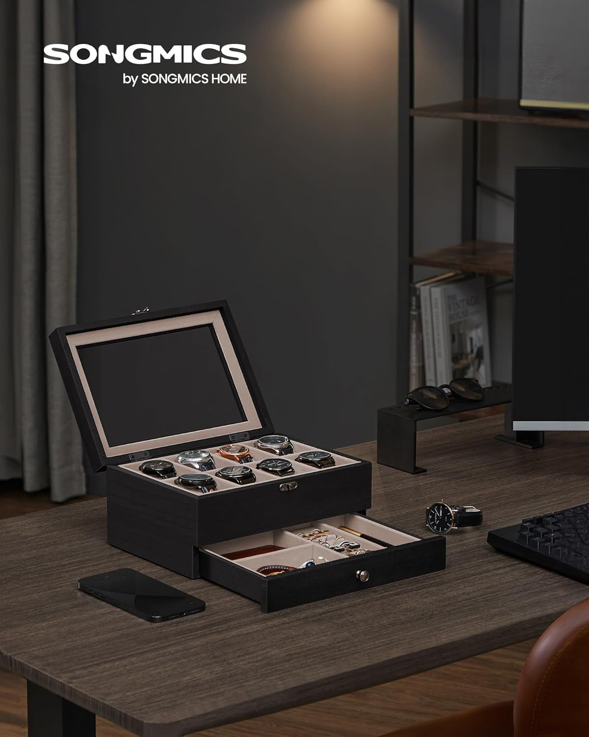 8-Slot Watch Box, 2-Tier Watch Display Case with Large Glass Lid, Removable Watch Pillows, Velvet Lining, Jewelry Box, Gift Idea, Ebony Black UJOW008B01