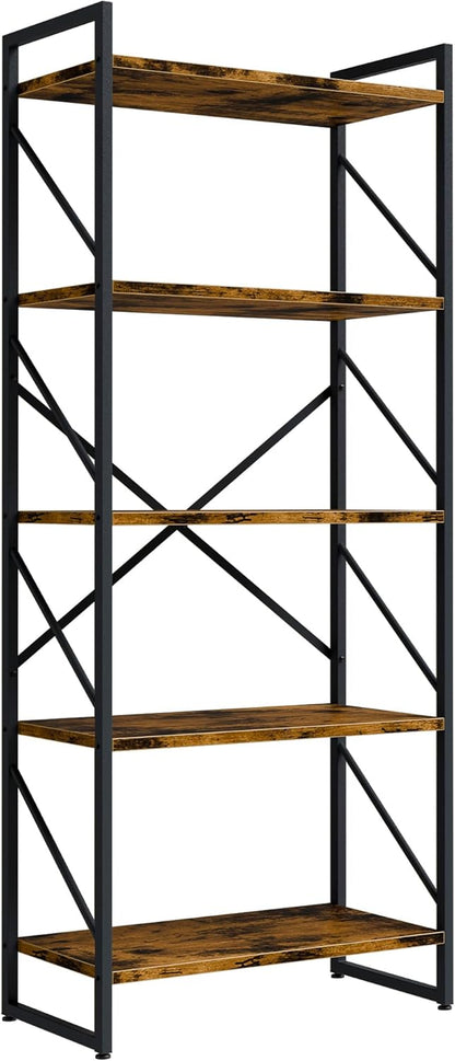 5 Tiers Bookshelf, Classically Tall Bookcase Shelf, Industrial Book Rack, Modern Book Holder in Bedroom/Living Room/Home/Office, Storage Rack Shelves for Books/Movies-Rustic Brown