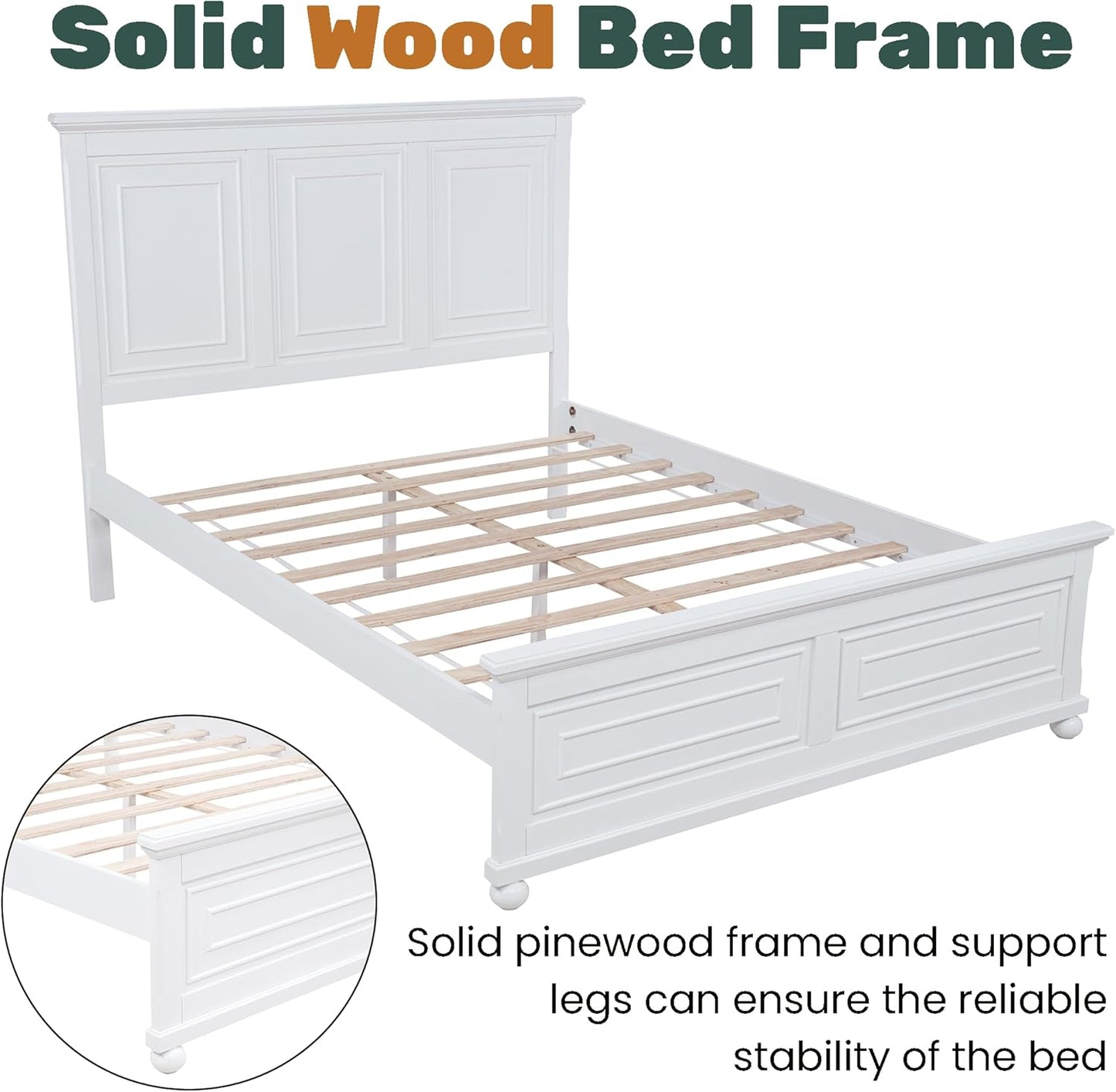 Wood Queen Bed Frame with Tall Headboard and Footboard, Rustic Queen Panel Bed with under Bed Storage, Farmhouse Style, Noise-Free, No Box Spring Needed, White