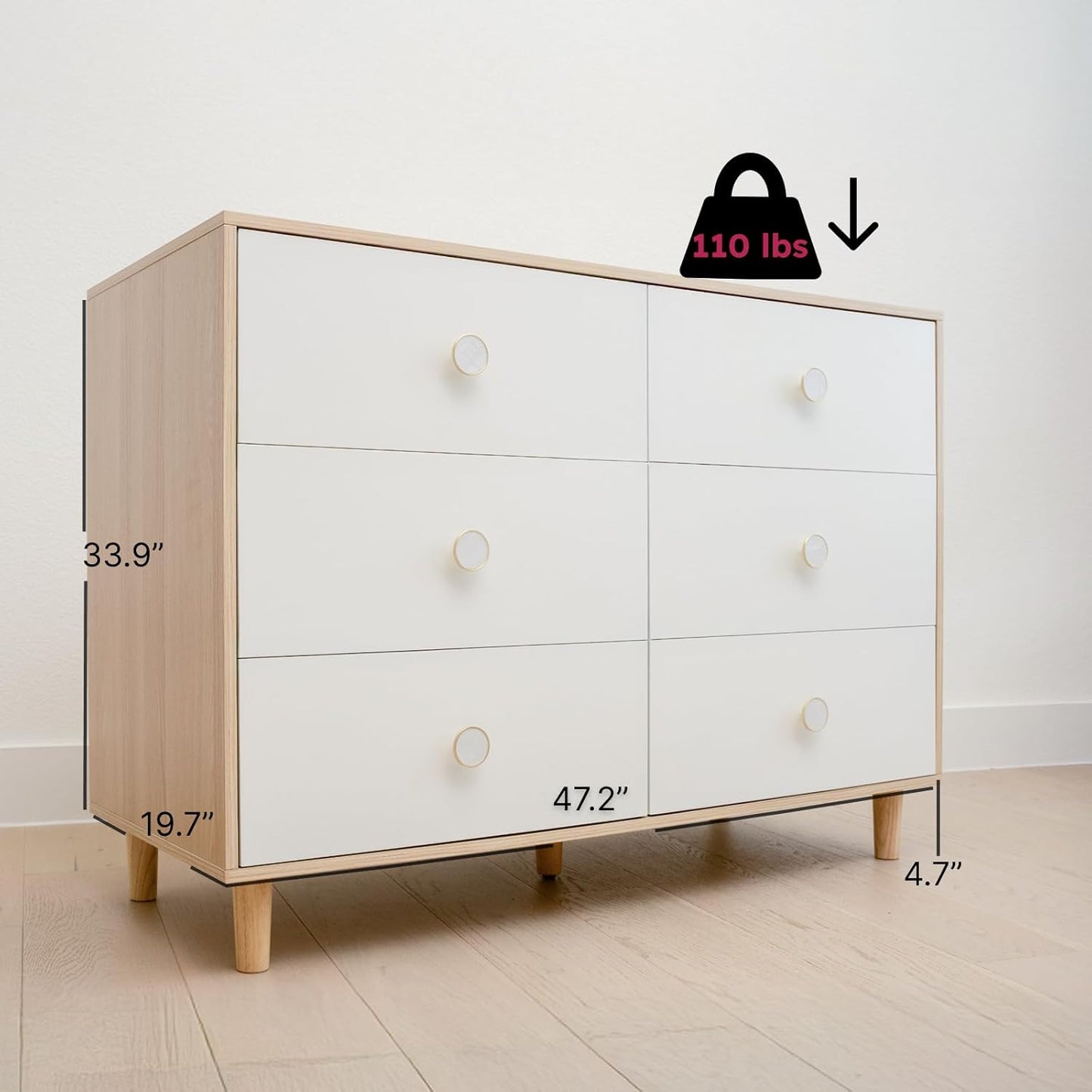 Baby Dresser for Nursery, Kids, and Bedroom – 6 Drawer White Wood Dresser with Solid Wood Legs, Storage for Clothes and Baby Essentials, White