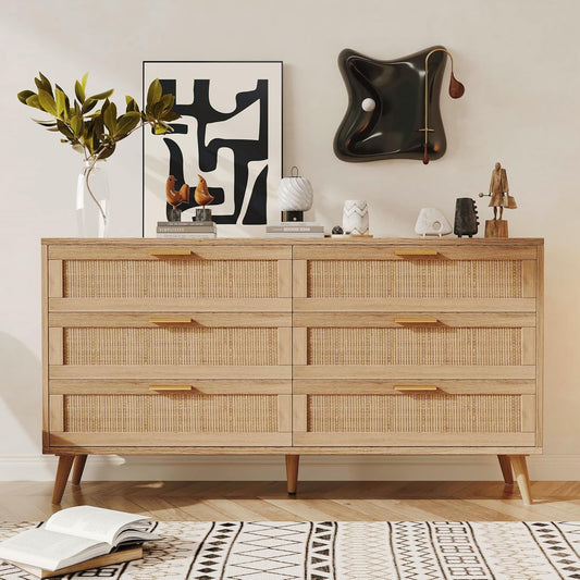 6 Drawer Double Dresser for Bedroom, Rattan Chest of Dressers, Modern Wooden Dresser Chest with Golden Handles, beside Table for Closet, Living Room and Entryway, Natural