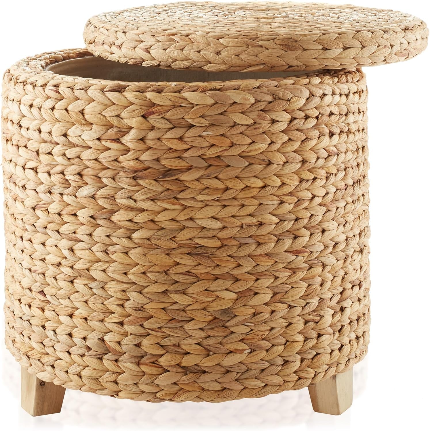 17" round Storage Ottoman with Lid - Natural, Handwoven Water Hyacinth Footstool for Living Room, Bedroom, Bathroom, Home Office