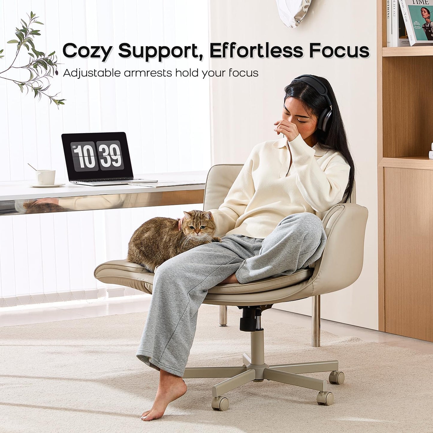 Criss Cross Chair with Armrests & Wheels, PU Leather Vanity Chair, Comfortable Adjustable Swivel Computer Office Desk Chairs for Home, Make Up, Bed Room (Cream)