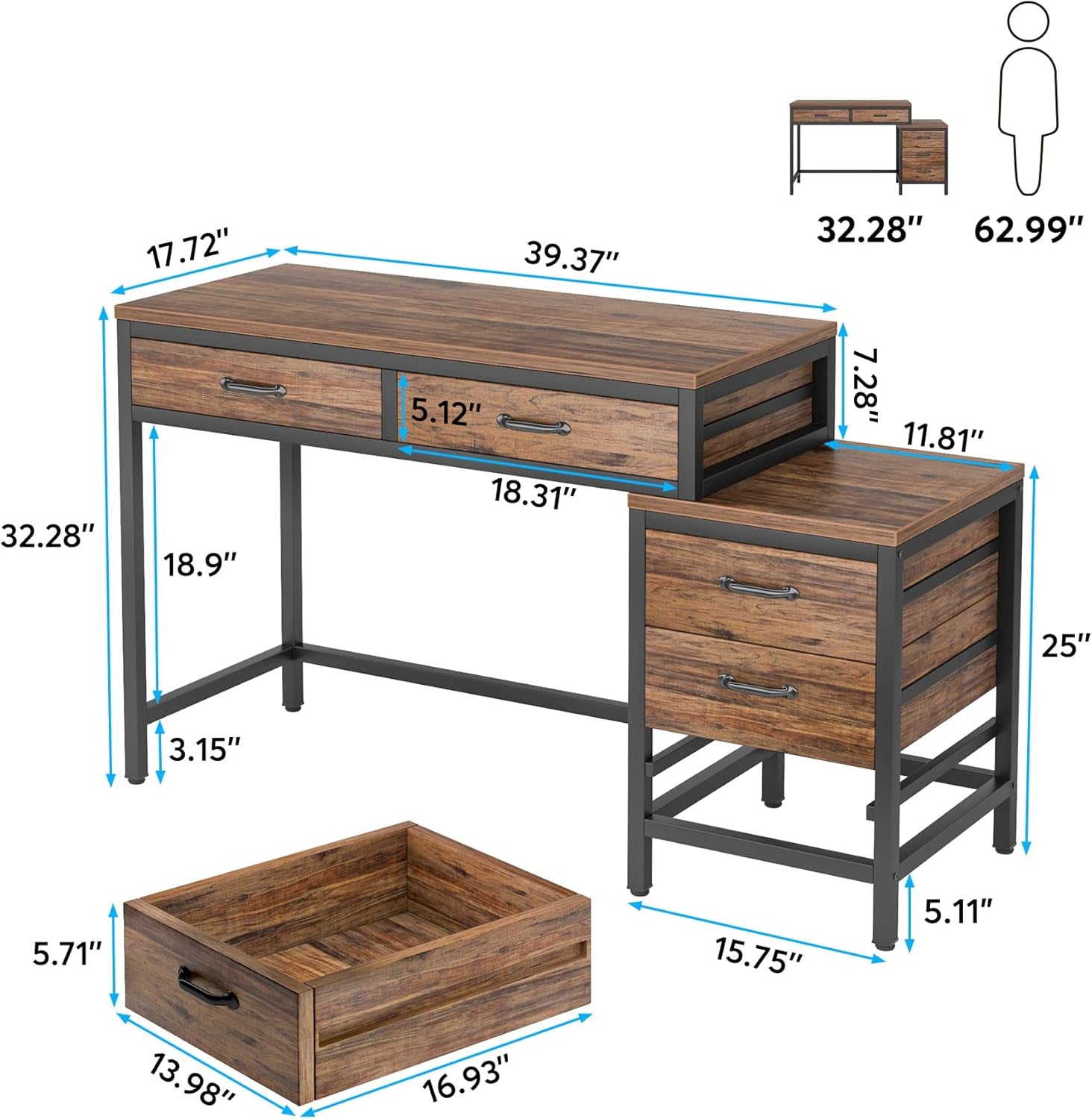 Computer Desk with 5 Drawers, Home Office Desks with Reversible Drawer Cabinet Printer Stand, Industrial PC Desk with Storage, White Study Writing Table Workstation for Small Spaces