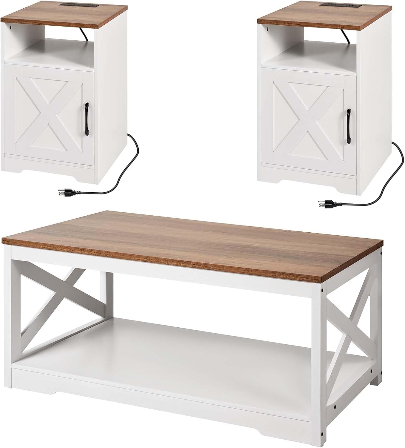 3 Pieces Farmhouse Coffee Table Sets, 40 Inch Industrial Coffee Table with 2 End Tables, Easy Assembly Coffee and Side Tables Sets with Charging Station, for Office, Living Room & Apartment