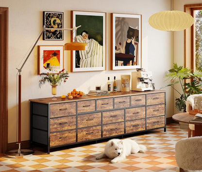 77.6" Long Dresser for Bedroom, 16 Drawer Fabric Dresser for Closet, Wide Chest of Drawers with Storage, TV Stand for 65, 75, 85 Inch TV, 77.6" W X 12.9" D X 26.7" H, Rustic Brown