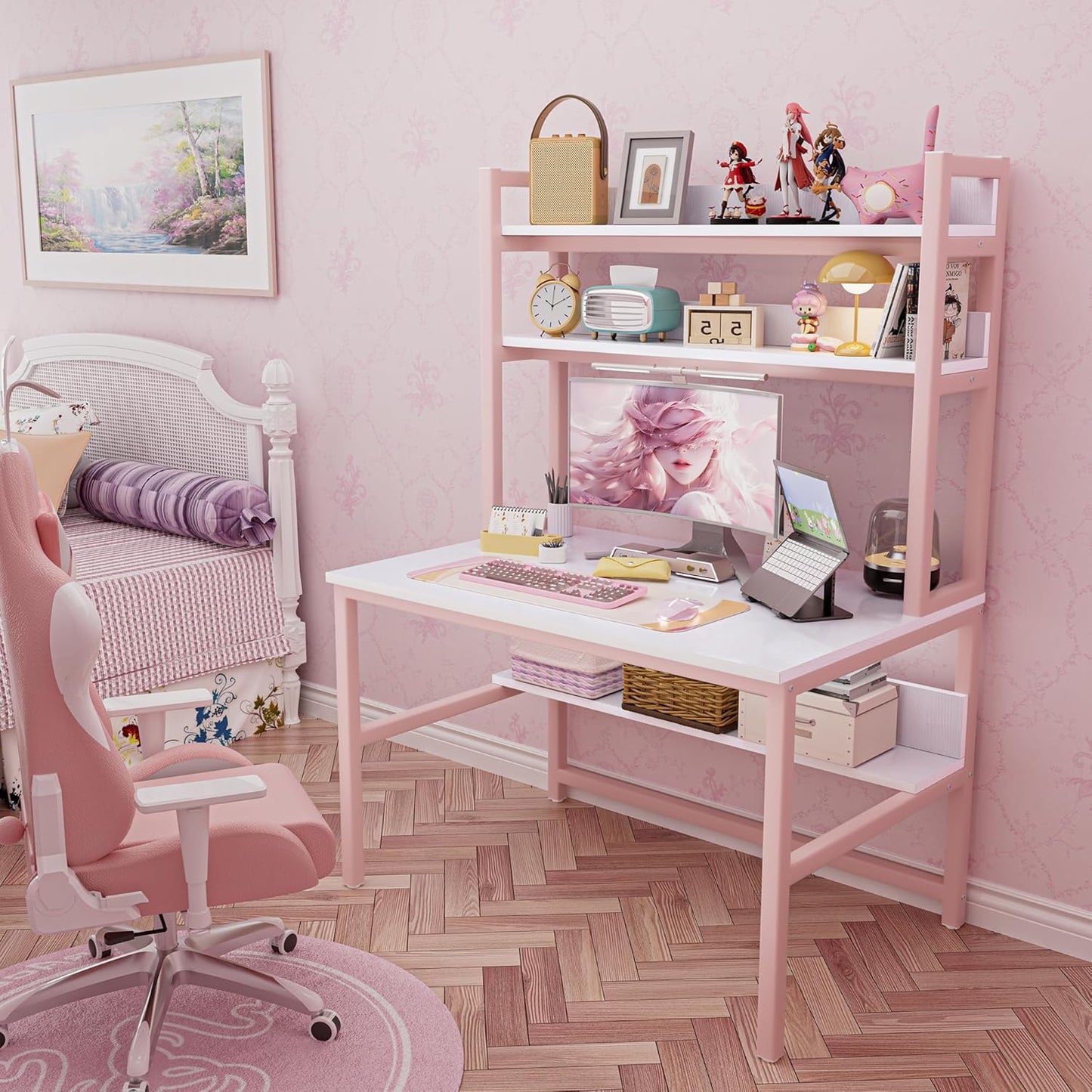 Pink Girls Desk Hutch, 47In Woman Computer Desk with Bookshelf & Storage Shelves, Space Saving Girls Writing Study Craft Table for Bedroom Kids Room, White Wood & Pink Iron Home Office Desks