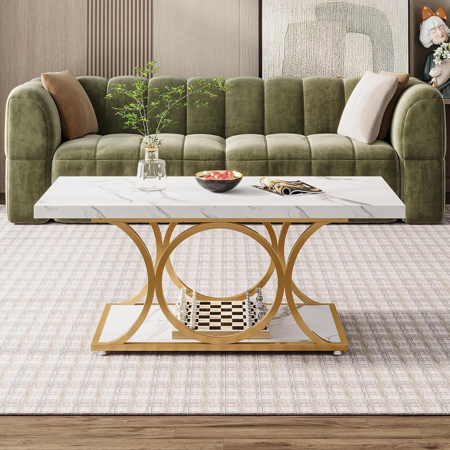 Rectangle Coffee Table, 46.45-Inch Modern Coffee Tables for Living Room, 2-Tier Faux Marble Wood Coffee Table with Geometric Legs, Furniture with Storage Shelf (White & Gold)