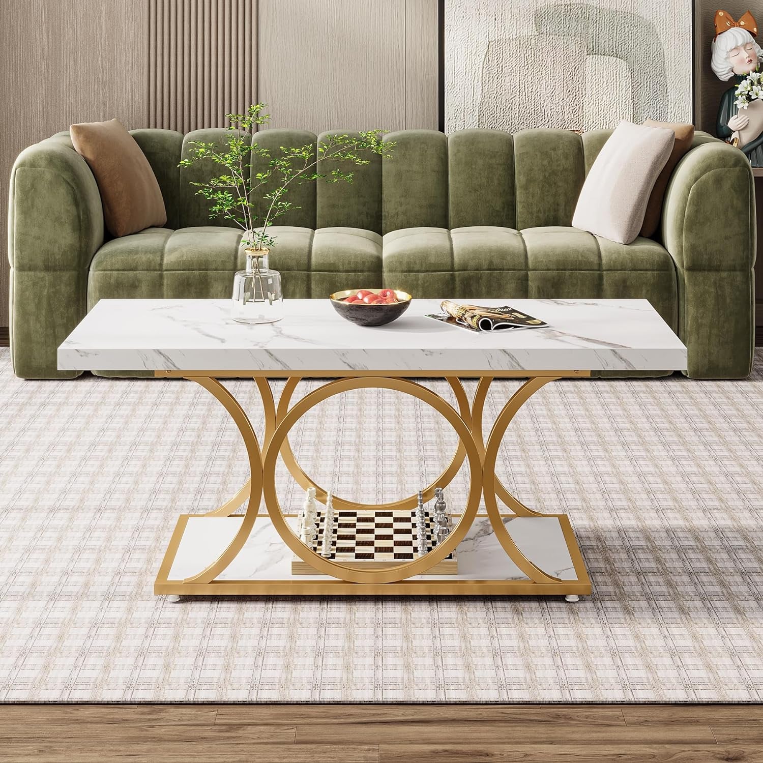 Rectangle Coffee Table, 46.45-Inch Modern Coffee Tables for Living Room, 2-Tier Faux Marble Wood Coffee Table with Geometric Legs, Furniture with Storage Shelf (White & Gold)
