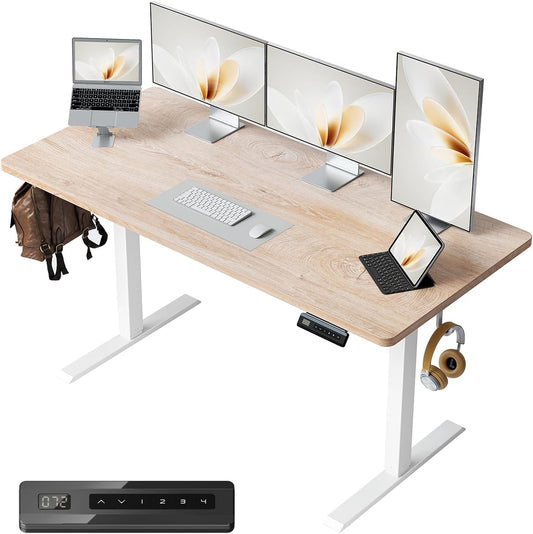 55 X 24 Large One-Piece Standing Desk, Adjustable Height Electric Computer Home Office Sit Stand up Workstation, with 4 Memory Presets, Headphone Hook, Maple