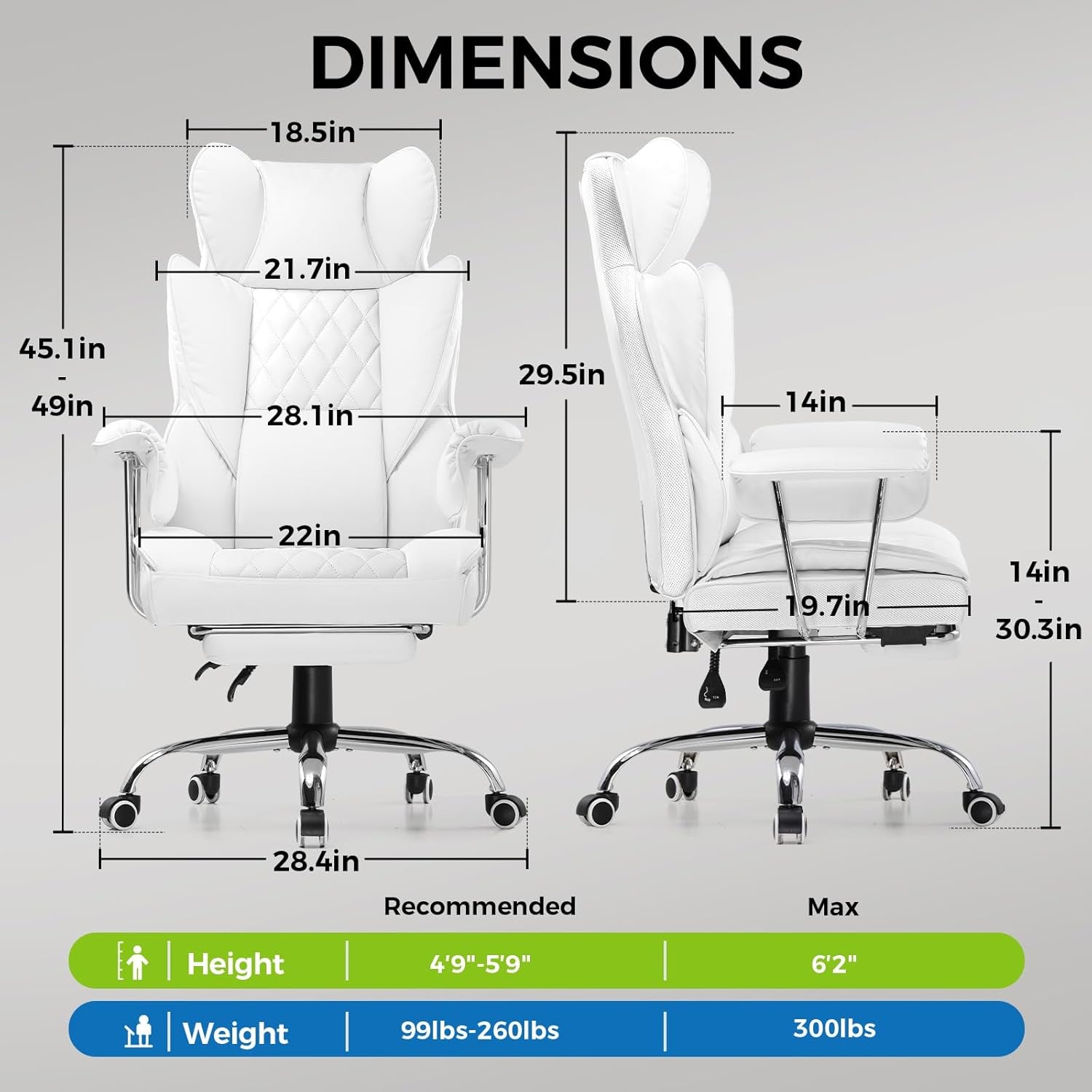 Gaming Chair,Office Chair with Pocket Spring Lumbar Support, Ergonomic Comfortable Wide Office Desk Computer Chair with Outward Fixed Soft Armrests and Footrest,(Pu Leather, White)
