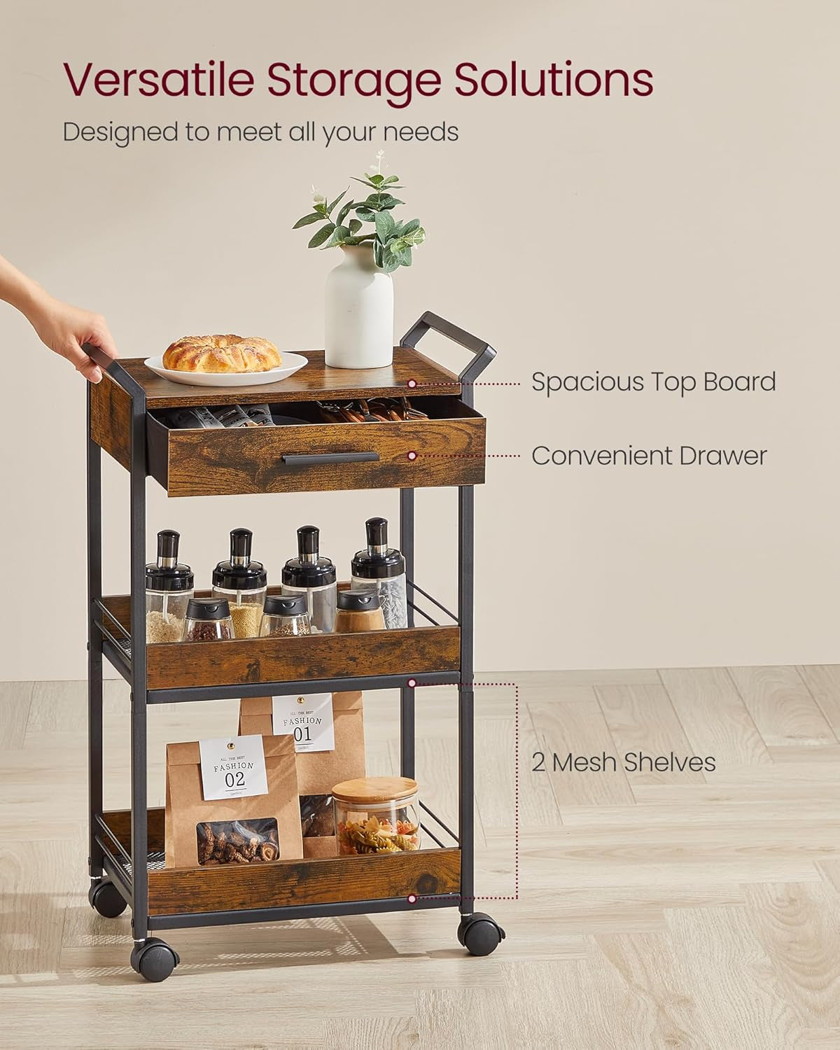 Storage Cart, 3-Tier Rolling Utility Cart with Table Top, Handles, 4 Lockable Casters, Top Drawer, Mesh Shelves, for Kitchen, Bathroom, Bedroom, Rustic Brown and Ink Black ULRC048K01