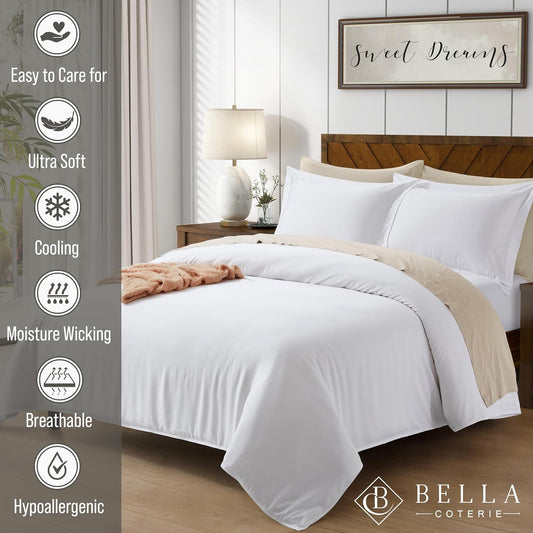 Bella Coterie Luxury Bamboo Viscose King Size Duvet Cover Set | 100% Organically Grown | Corner Ties | Ultra Soft | Cooling | Two Pillow Shams | 106 X 94 | No Insert [White]