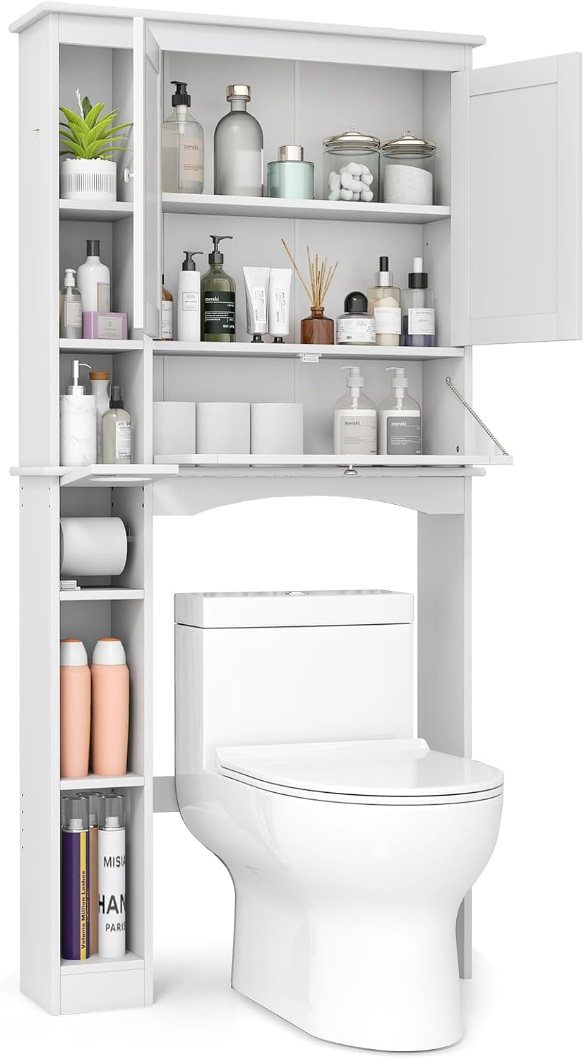 over the Toilet Storage Cabinet, Bathroom Storage Organizer with Toilet Paper Holder, Adjustable Shelf & Bottom Bar, Modern Floor Cabinet for behind Toilet, Laundry Room, White