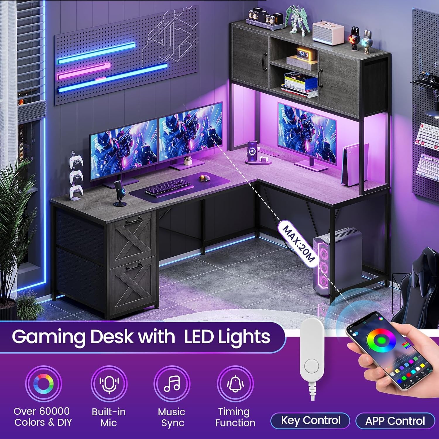 L Shaped Gaming Desk, Reversible Computer Desk with Fabric Drawers and Power Outlet, Gaming Desk with Led Lights, Hutch and Storage Shelf for Home Office, Grey