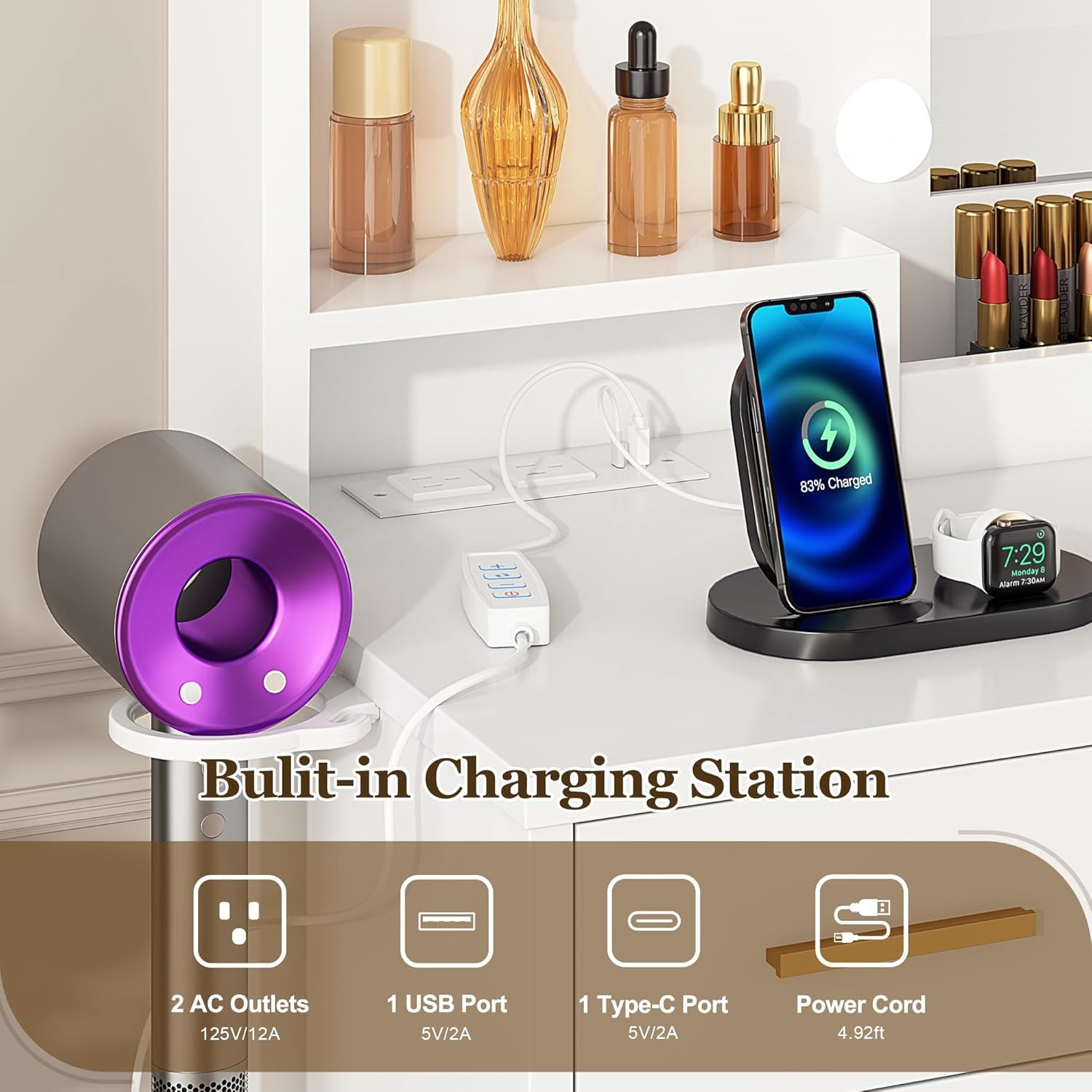 Vanity Desk with Mirror and 11 LED Lights, 43'' Makeup Vanity Table with Power Outlet & Chair, Dressing Table with 3 Drawers, 2 Cabinets and 6 Open Shelfs for Bedroom, White