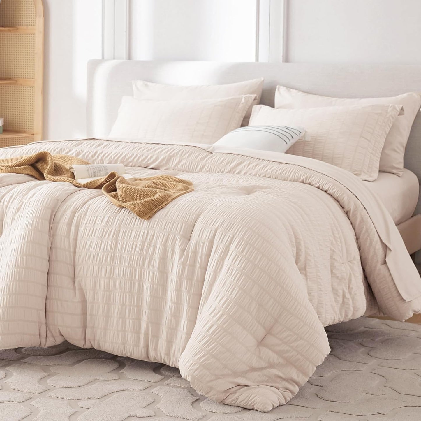 7 Pieces King Comforter Set, Seersucker Bed in a Bag King Size, All Season Luxury Bedding Set with Comforter, Flat Sheet, Fitted Sheet, Pillowcases & Shams, Beige
