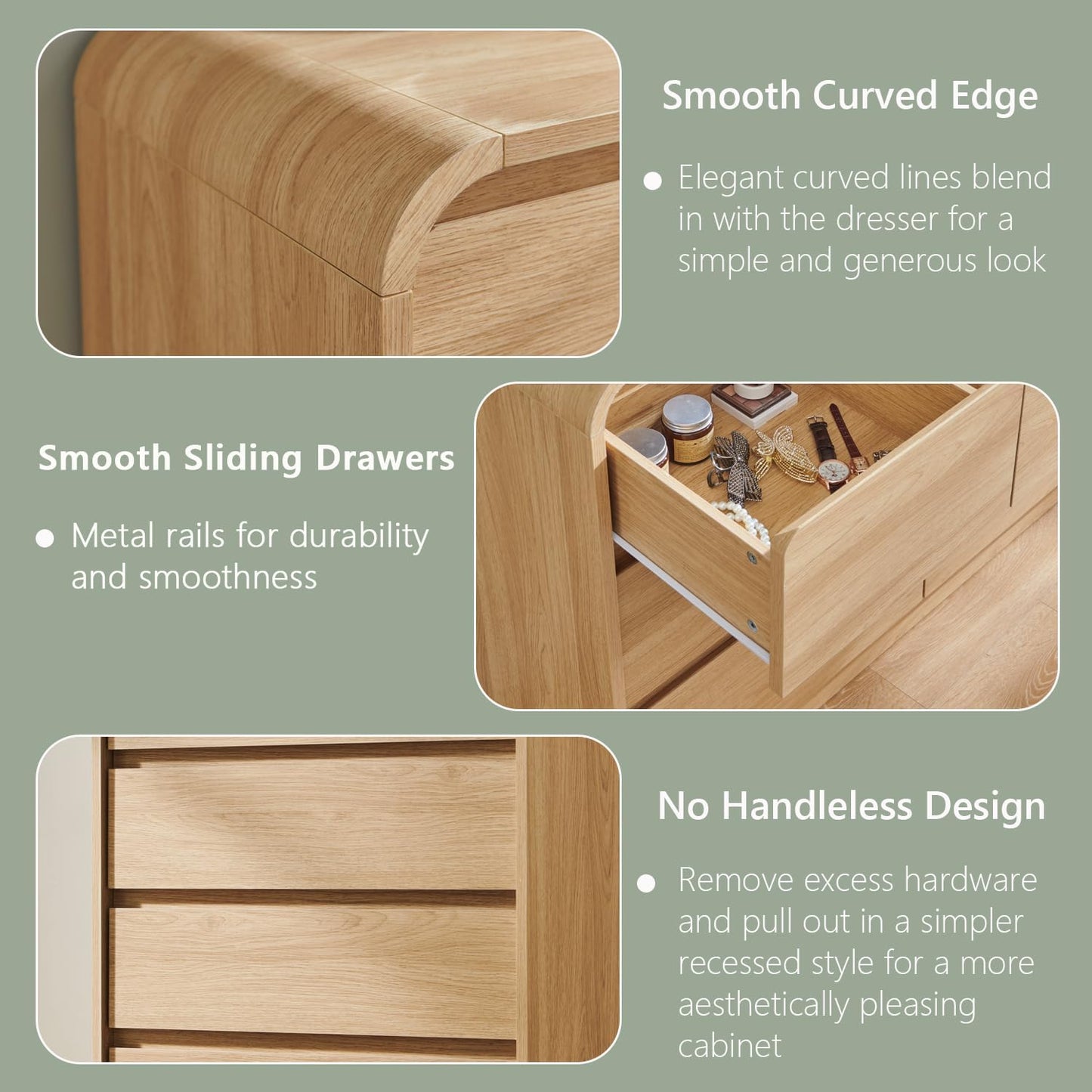 Modern 8 Drawers Dresser for Bedroom, 55" Wide Dressers & Chest of Drawers W/Curved Profile Design, Wood Mid Century Storage Dressers Organizer for Bedroom, Living Room, Natural Oak