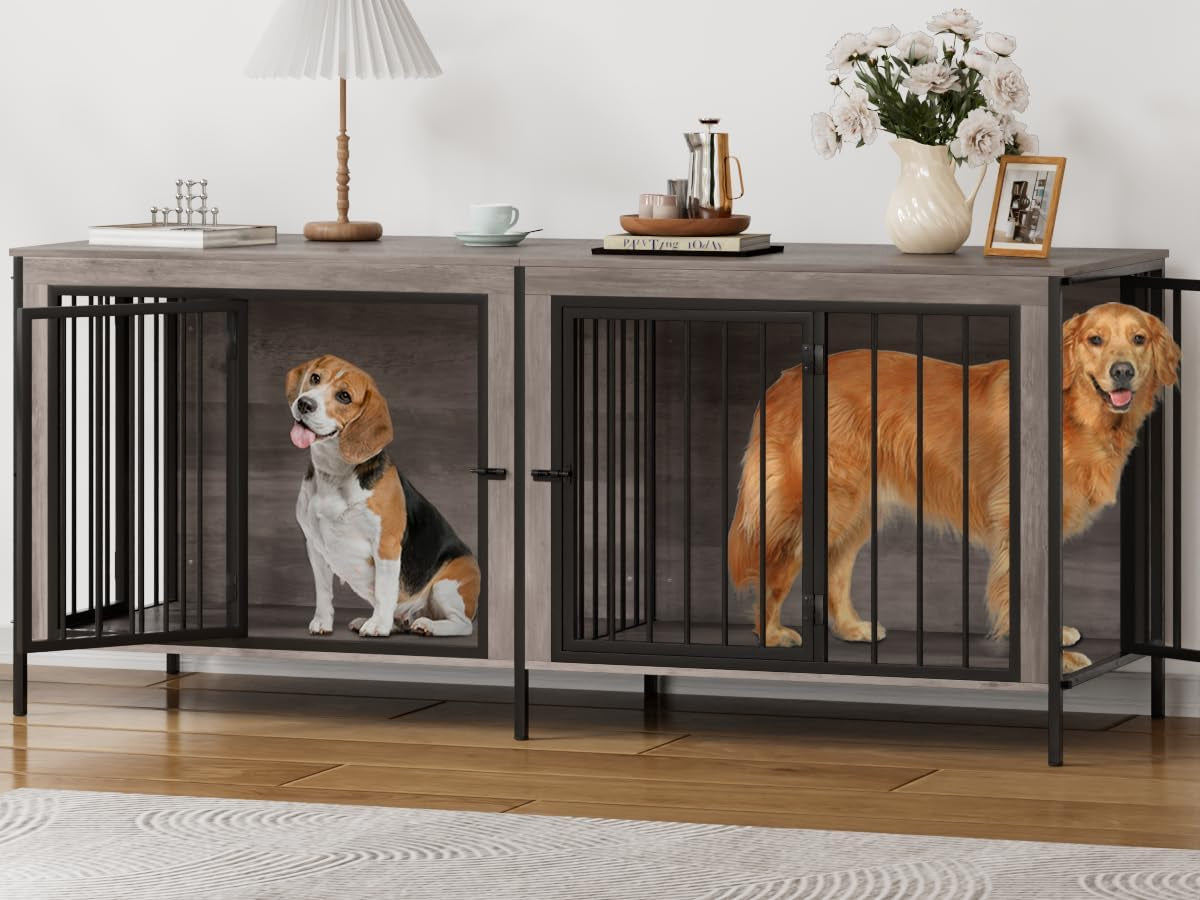 Dog Crate Furniture for 2 Dogs, 78" Double Dog Kennel Furniture Indoor for Large Dogs, XXL Wooden Furniture Dog Crate with Divider, Dog Kennel Dog Crates TV Stand, Grey