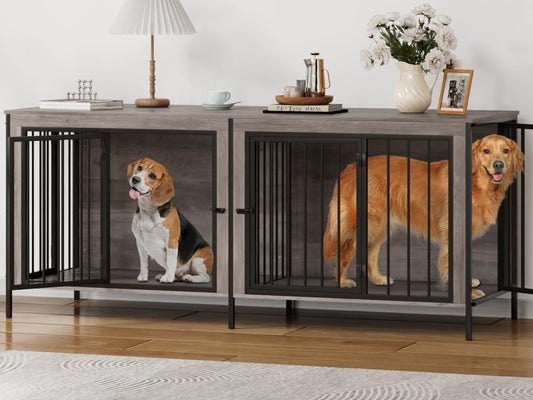 Dog Crate Furniture for 2 Dogs, 78" Double Dog Kennel Furniture Indoor for Large Dogs, XXL Wooden Furniture Dog Crate with Divider, Dog Kennel Dog Crates TV Stand, Grey