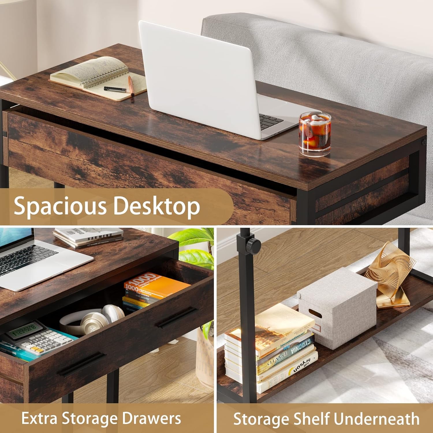 Portable Desk with Drawers, Mobile Laptop Desk with Wheels, Sofa Side Table Small Portable Standing Rolling Table for Home Office